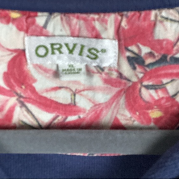 Orvis 1/4 Zip Pullover Womens Size XL Blue Floral Trim Preppy Cuffed Cotton - Picture 3 of 7